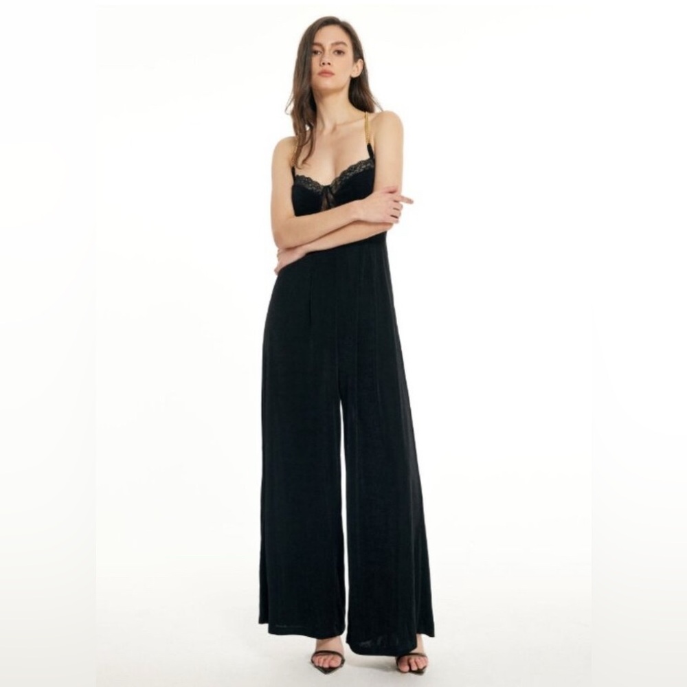 Cider Black Lace Bodice Jumpsuit with Gold Chain Straps - Picture 2 of 13